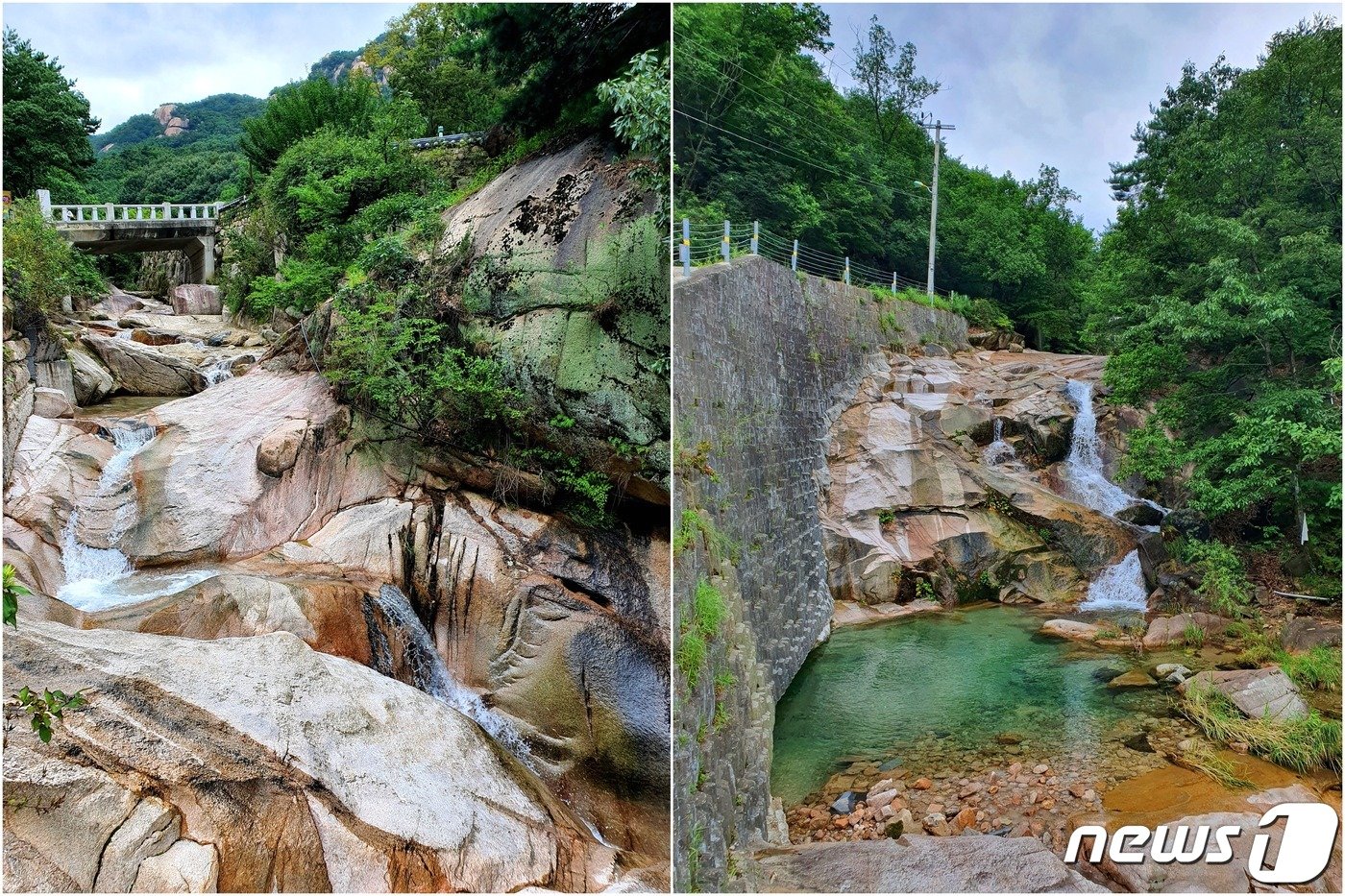 회룡폭포. &#40;왼쪽&#41; 회룡사 밑의 굽이진 암반을 통해 쏟아져 내리는 물이, &#40;오른쪽&#41; 회룡폭포로 떨어지지만, 거대한 석축 때문에 아름다운 풍경이 망가져 있다