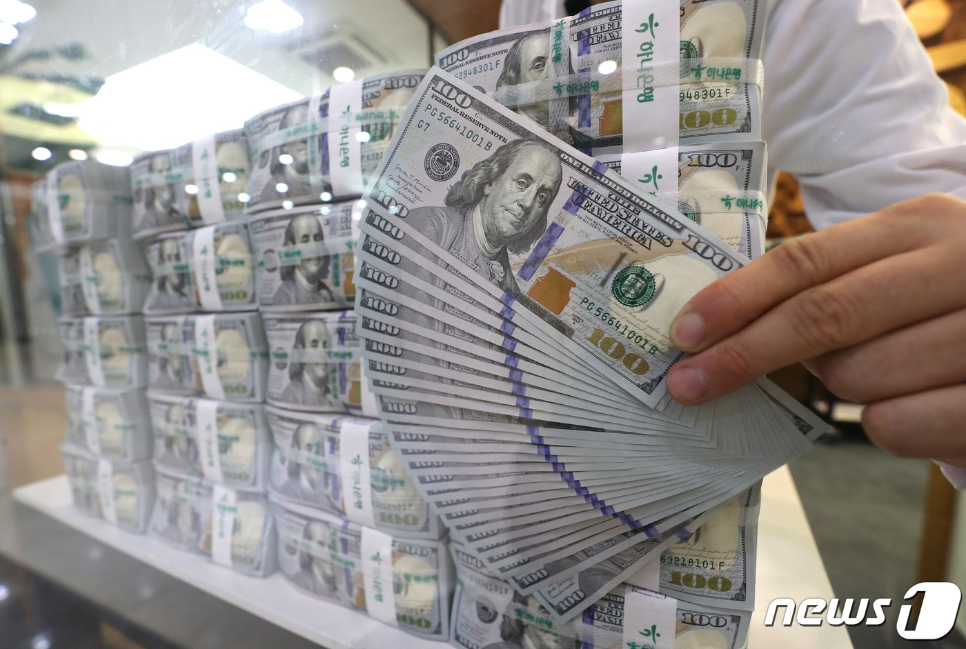 (서울=뉴스1) 구윤성 기자 = 3일 오후 서울 중구 하나은행 위변조대응센터에서 관계자가 달러화를 정리하고 있다.한국은행은 올해 7월말 기준 우리나라 외환보유액이 4386억1000 …