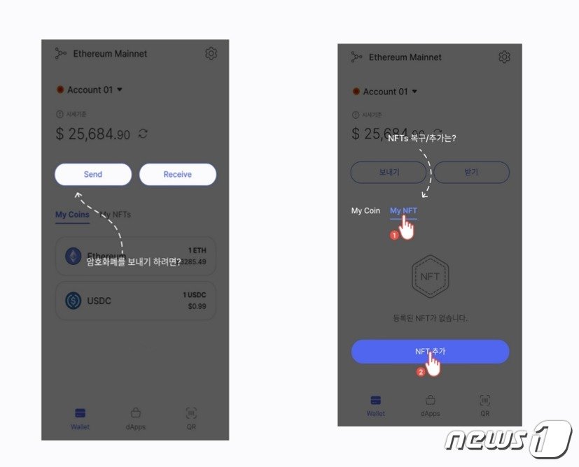 본문 이미지 - 개발자 대상 베타테스트를 시행 중인 LG전자 &#39;월랩토&#39;&#40;Wallypto&#41;. 앱을 시행해보니 암호화폐 보내기 기능, NFT 관리 기능 등을 확인할 수 있었다. ⓒ뉴스1 노우리 기자