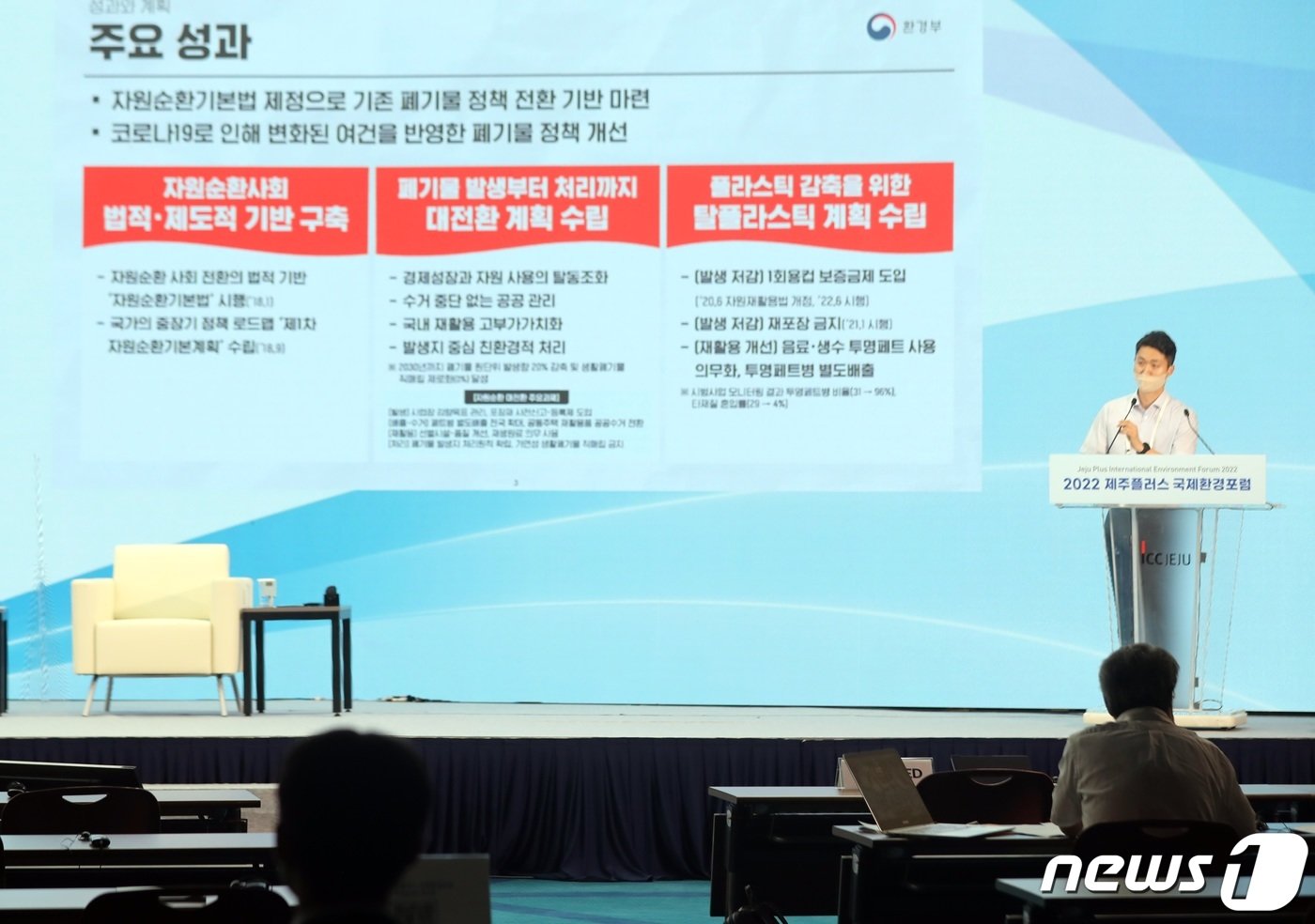 본문 이미지 - 4일 제주 서귀포시 제주국제컨벤션센터에서 열린 2022 제주플러스 국제환경포럼에서 안상혁 환경부 시설서기관이 발제하고 있다.  2022.8.4/뉴스1 ⓒ News1 고동명 기자
