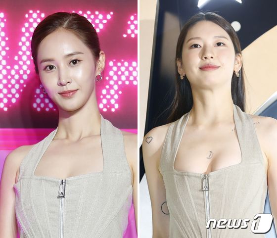 소녀시대 유리와 모델 김진경(오른쪽)이 같은 드레스를 입고 각각 매력을 발산하고 있다. © News1 권현진 기자