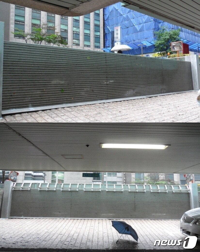 본문 이미지 - 건물 준공 당시 지어진 차수문(위)이 보강된 모습(아래). (성산엔지니어링 홈페이지 갈무리) ⓒ 뉴스1