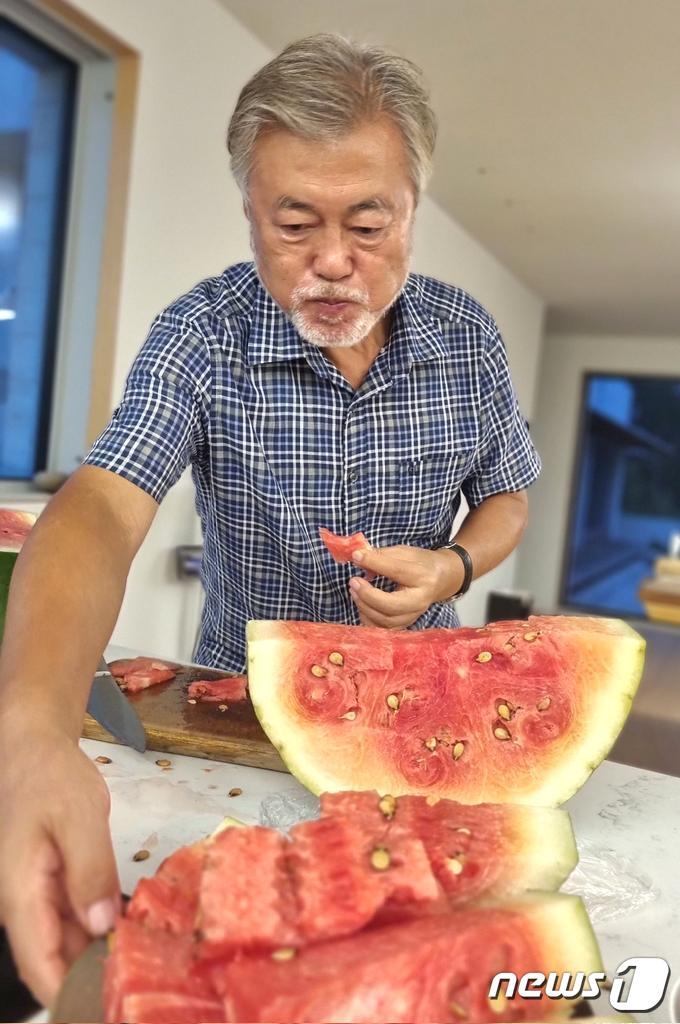 본문 이미지 - 문재인 전 대통령의 딸 문다혜씨가 지난 12일 트위터에 문 전 대통령이 수박을 손질하는 사진을 게시했다. (문다혜 씨 트위터 캡처) 2022.9.14/뉴스1