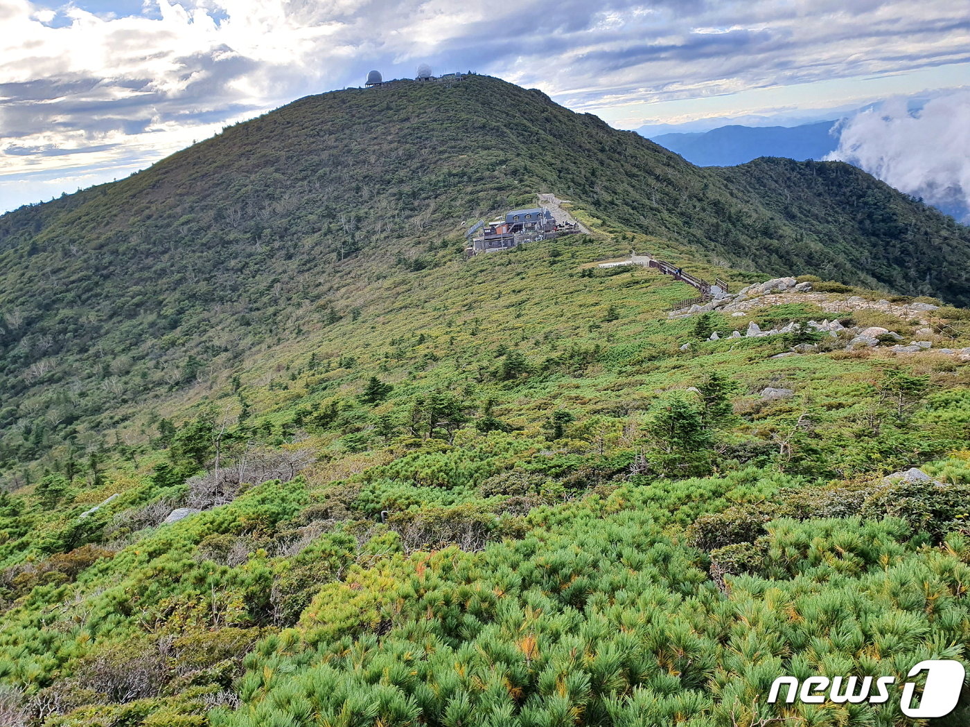 본문 이미지 - 대청봉에서 내려다본 중청봉과 대피소. 눈잣나무를 비롯한 낮은 숲이 바람을 피해 낮게 깔려있다.