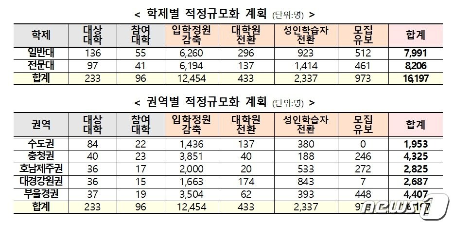 대학 적정규모화 계획&#40;2022~2025&#41; 현황. &#40;교육부 제공&#41;