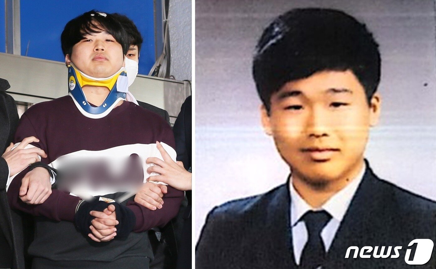 본문 이미지 - 'n번방 사건'의 주범 조주빈이 호송되는 사진(왼쪽)과 신상공개 결정에 따라 공개된 과거의 증명사진(오른쪽) ⓒ 뉴스1