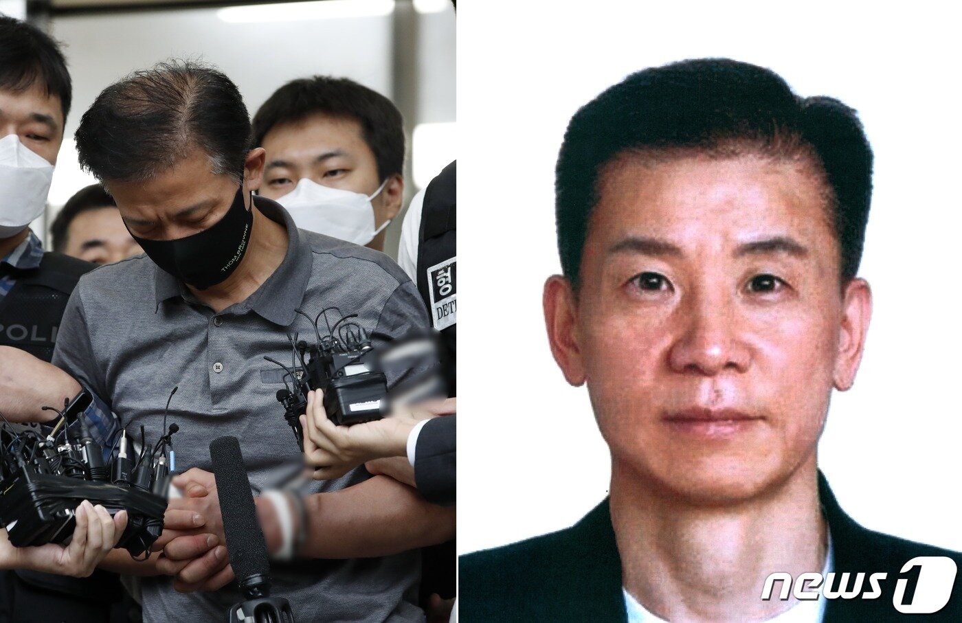 본문 이미지 - 위치추적전자장치(전자발찌)를 끊고 여성 2명을 살해한 강윤성의 검찰 송치 모습(왼쪽)과 신상공개 시 공개된 증명사진(오른쪽)ⓒ 뉴스1