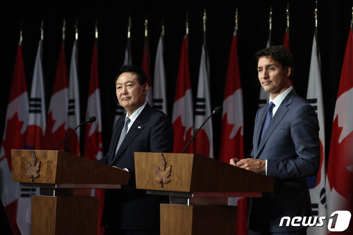 본문 이미지 - 윤석열 대통령(왼쪽)과이 저스틴 트뤼도 캐나다 총리. (대통령실 제공) 2022.9.25/뉴스1 ⓒ News1 안은나 기자