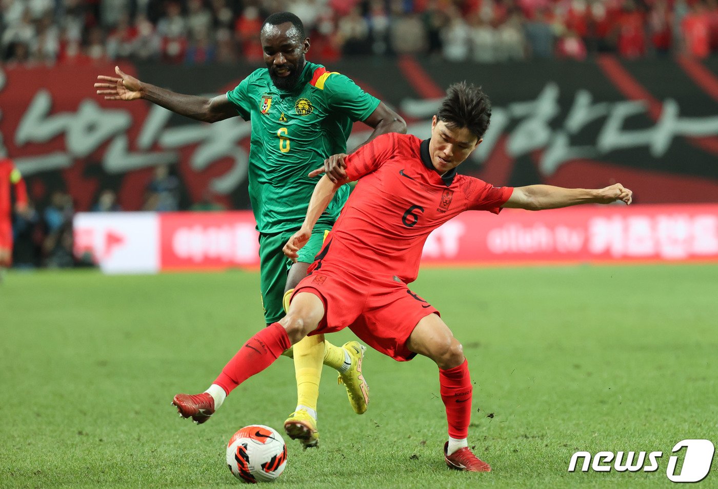본문 이미지 - 황인범이 27일 오후 서울 마포구 상암동 서울월드컵경기장에서 열린 축구 국가대표 평가전 대한민국과 카메룬의 경기에서 볼다툼을 하고 있다. 2022.9.27/뉴스1 ⓒ News1 이광호 기자