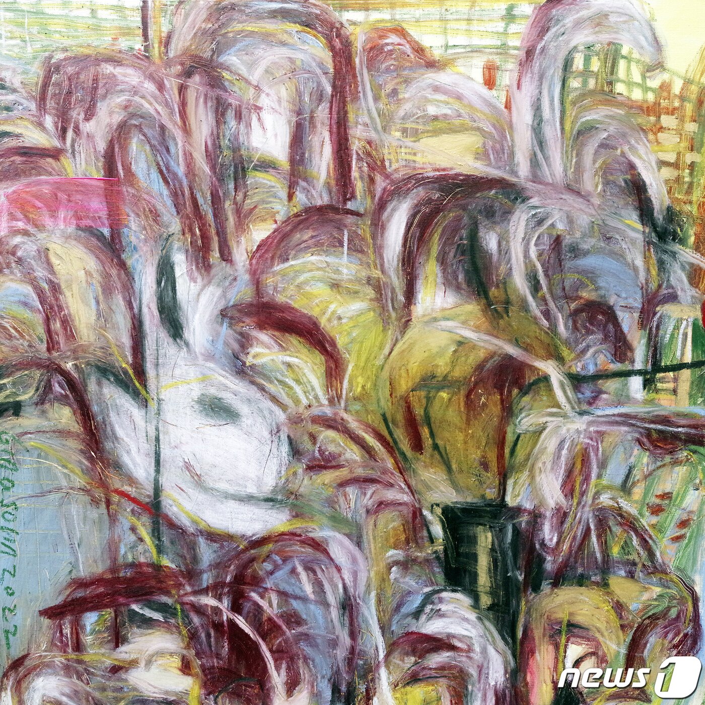 본문 이미지 - 지나손_Temps de chevauchement _ 중첩된 시간2, 90.5 x 90.5cm, oil stick and oil on canvs, 2022(선화랑 제공)
