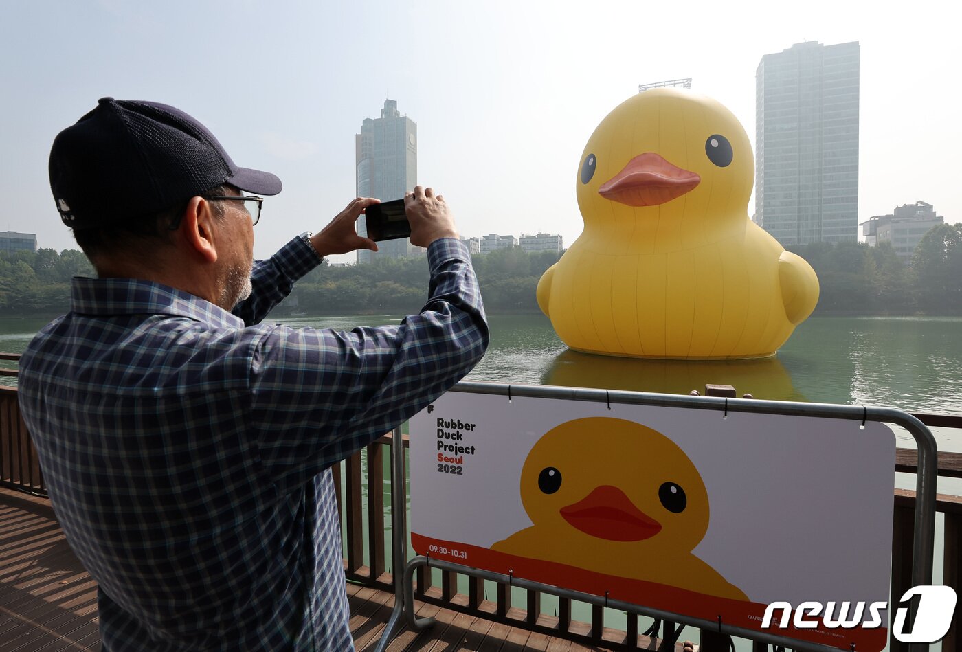 본문 이미지 - 29일 서울 송파구 석촌호수에 대형 고무 오리 '러버덕(Rubber Duck)'이 떠 있다. 2022.9.29/뉴스1 ⓒ News1 이동해 기자