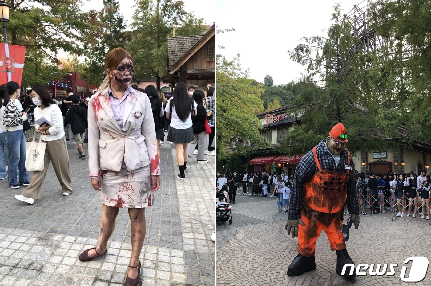 본문 이미지 - 블러드시티6 내에 좀비로 분장한 연기자들이 돌아다니며 관람객들을 놀래키기고 사진도 함께 찍어준다ⓒ News1 윤슬빈 기자