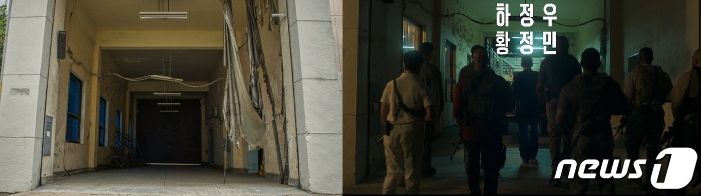 본문 이미지 - 구 한국은행 부산본부 차고지(왼쪽)와 전요한의 수리남 대저택 차고지.(부산영상위 제공, 사진 출처: 넷플릭스 공식 예고편) 