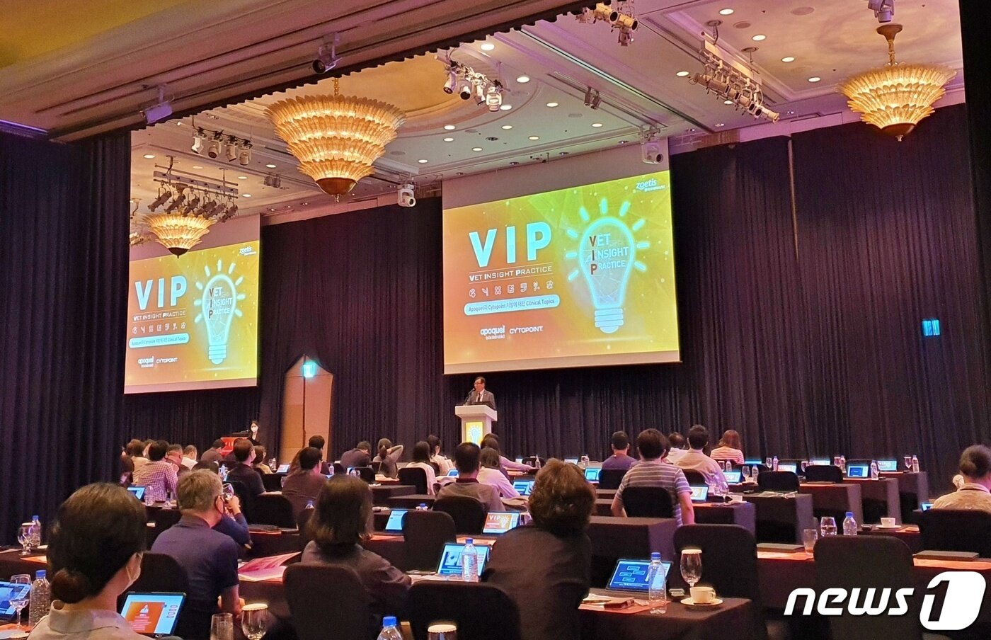 본문 이미지 - 허주형 대한수의사회장이 4일 서울 중구 '밀레니엄 힐튼 서울'에서 열린 한국조에티스 VIP심포지엄에서 축사를 하고 있다. ⓒ 뉴스1 최서윤 기자