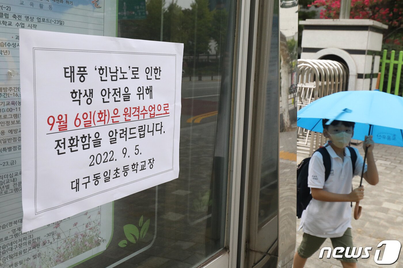 본문 이미지 - 강한 바람과 많은 비를 동반한 제11호 태풍 '힌남노'가 북상하는 가운데 5일 오후 대구 수성구 동일초등학교에 원격수업 전환 안내문이 붙어 있다. 대구시교육청은 태풍의 직접 영향권에 드는 6일 유치원을 포함한 초·중·고, 특수학교가 전면 원격수업을 시행하고 학교별 재량휴업에 들어간다고 밝혔다. 2022.9.5/뉴스1 ⓒ News1 공정식 기자