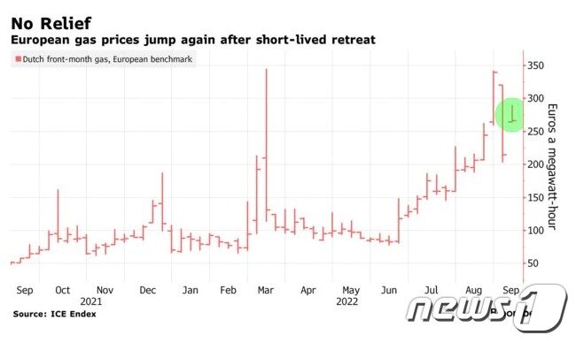 본문 이미지 - 블룸버그(Bloomberg) 통신이 ICE 인덱스를 참조, 시각화한 유럽 가스 가격 변동 추이.