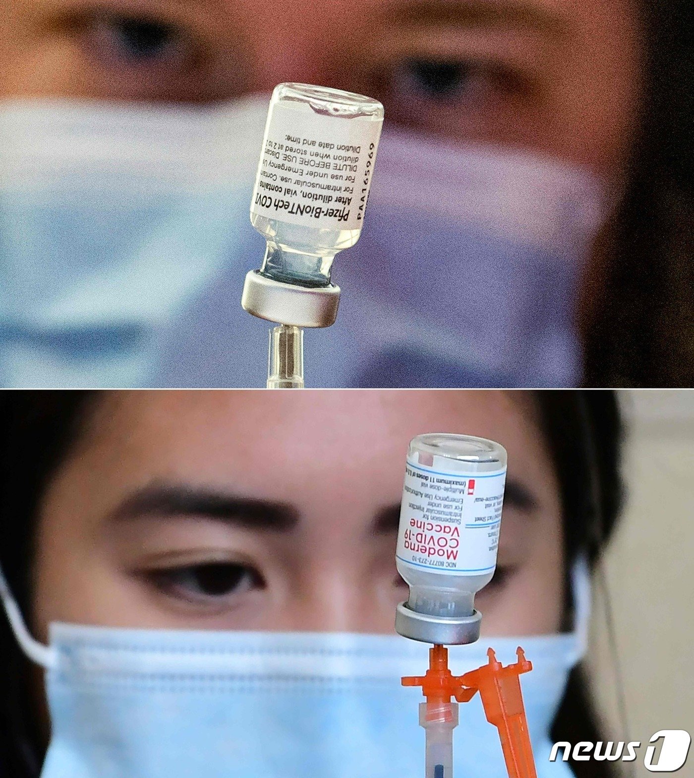 본문 이미지 - &#40;위&#41; 미국 코네티컷주 하트포드에서 12~15세 어린이들에게 접종되는 화이자 코로나19 부스터샷 백신. &#40;아래&#41; 미국 캘리포니아주 로스앤젤레스에서 접종되고 있는 모더나 백신. ⓒ AFP=뉴스1 ⓒ News1 강민경 기자