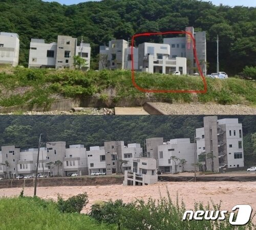 본문 이미지 - 경북 포항시 남구 오천읍 항사리의 한 풀빌라가 폭우로 인해 지반이 약해져 내려앉은 모습. (온라인 커뮤니티 갈무리)