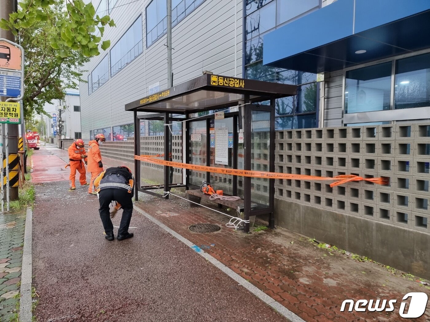 본문 이미지 - 제11호 태풍 '힌남노'가 지나간 6일 오전 울산 북구 효문동에서 소방대원들이 파손 된 버스정류장을 안전조치 하고 있다. (소방청 제공) 2022.9.6/뉴스1