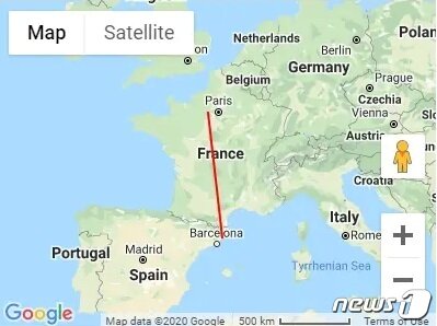 본문 이미지 - 미드캣이 연결될 스페인 바르셀로나와 프랑스 위치 표시. 구글(Google) 이미지 가공 출처는 bilibili.