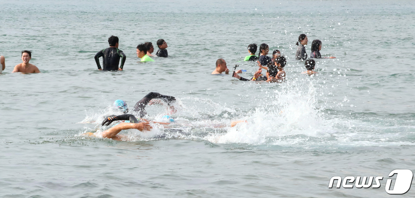 (서귀포=뉴스1) 오현지 기자 = 2023년 계묘년 새해 첫날인 1일 오후 제주 서귀포시 중문색달해수욕장에서 서귀포 겨울바다 국제펭귄수영대회 참가자들이 해수욕을 즐기고 있다. 20 …