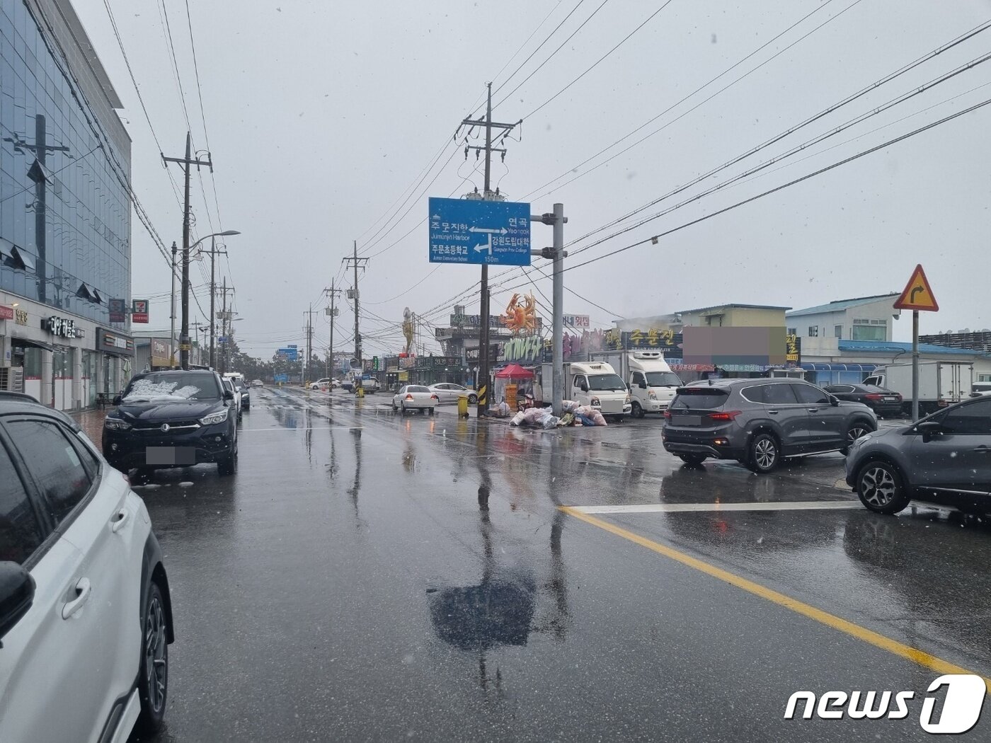본문 이미지 - 강원 동해안에 대설특보가 내려진 15일  오후 강릉시 주문진읍 일대 눈이 쌓이지 않은 모습. 2023.1.15/뉴스1 윤왕근 기자
