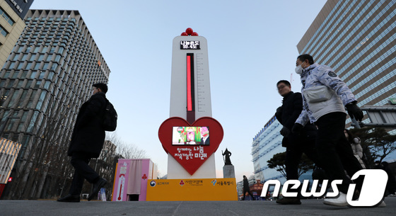 16일 서울 광화문광장에 설치된 사랑의 온도탑이 나눔온도 99.4도를 표시하고 있다. 2023.1.16/뉴스1 © News1 박지혜 기자