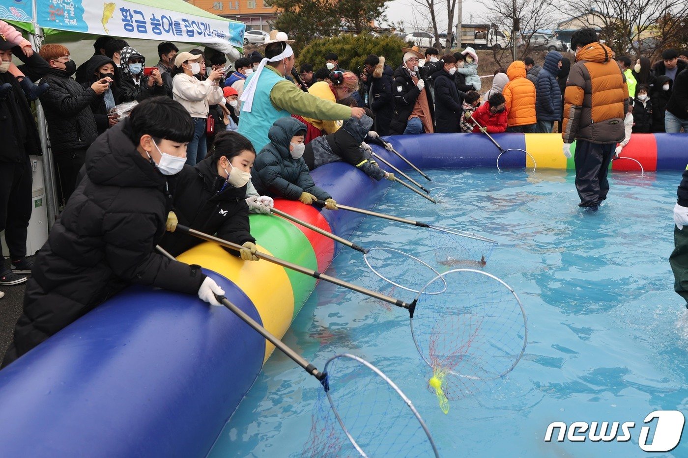 무안겨울숭어축제 숭어잡기체험 프로그램인 &#39;황금 숭어를 잡아라&#39; 모습/뉴스1