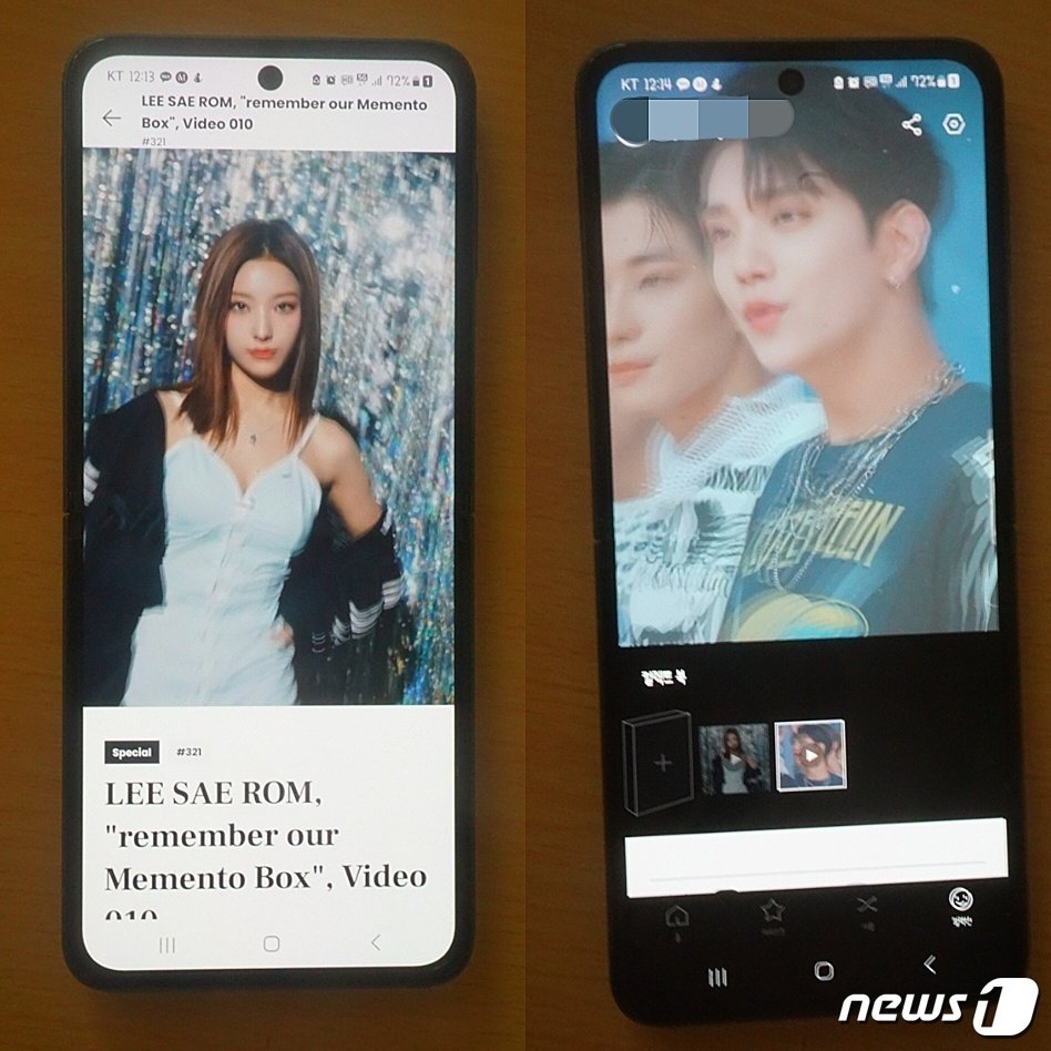 본문 이미지 - 모먼티카 내 '컬렉션' 탭에선 구매한 테이크를 모두 확인할 수 있다. 왼쪽은 프로미스나인 이새롬 테이크, 오른쪽은 세븐틴 조슈아 테이크. 안드로이드용 앱에서는 보안 정책으로 인해 화면 캡처가 불가능해 부득이하게 휴대폰 화면을 촬영했다.