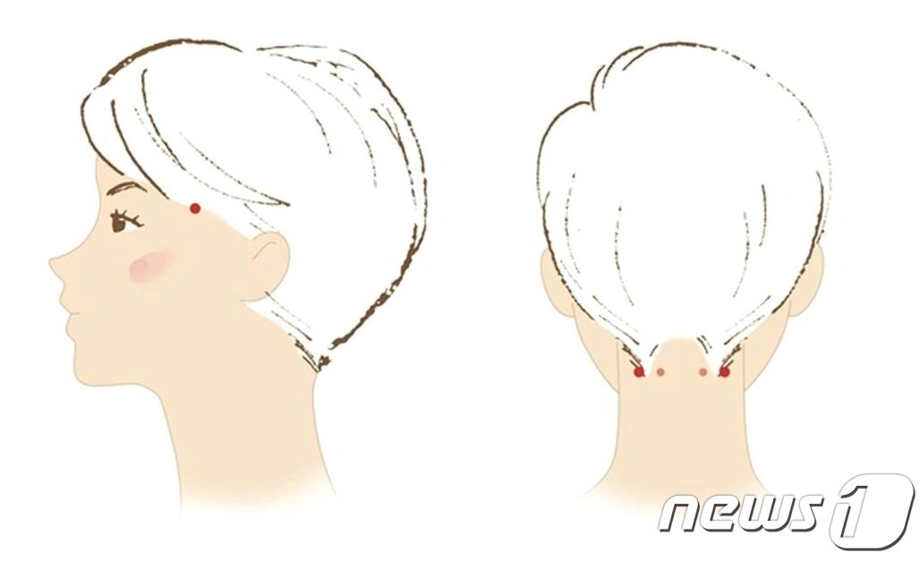 본문 이미지 - 머리의 혈액순환과 피로 해소에 효과적인 '태양혈'(좌), '풍지혈'(우)(자생한방병원 제공.)