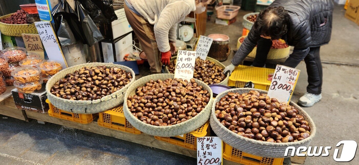 본문 이미지 - 20일 서울 동대문구 경동시장에서 상인들이 햇밤을 정리하고 있다. ⓒ 뉴스1 김예원 기자