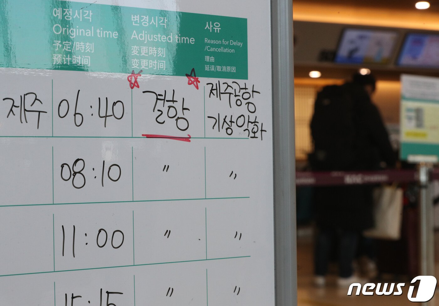 본문 이미지 - 24일 서울 강서구 김포공항 국내선에 제주행 항공편 결항을 알리는 안내문이 붙어 있다. 이날 제주를 오가는 항공편이 전편 결항됐다. 설 연휴 마지막날 제주를 떠날 예정이었던 귀경객 등 4만3000여 명은 발이 묶이게 됐다. 풍랑특보가 발효 중인 제주해상의 뱃길도 모두 막힌 상태다. 2023.1.24/뉴스1 ⓒ News1 신웅수 기자