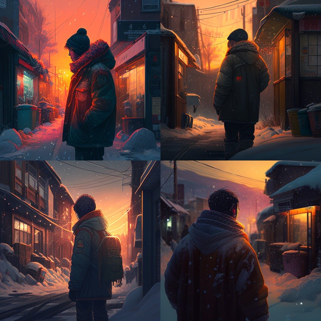 본문 이미지 - '미드저니' 프로그램을 이용해 만든 그래픽. winter, Korea, street, a waiting man, sunset, hyper detailed, colorful, cinematic lighting이라는 키워드를 넣자 해당 그래픽은 1초 만에 완성됐다. ⓒ News1 
