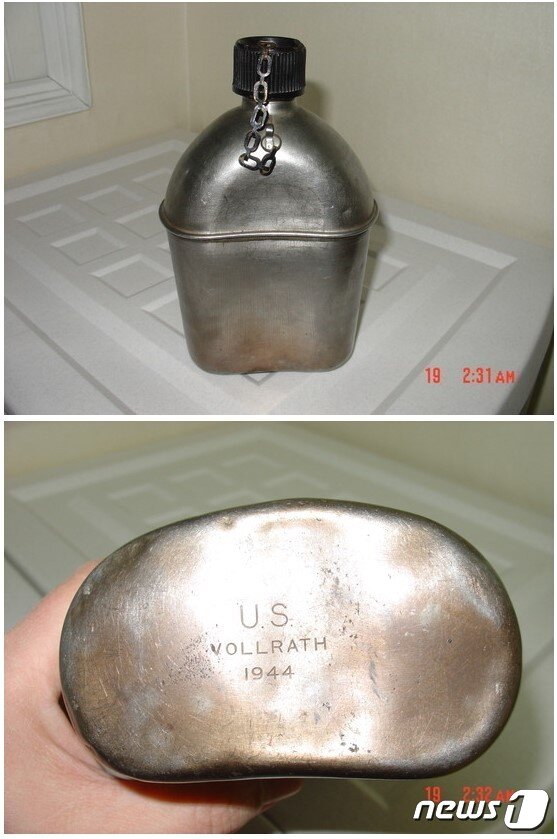 본문 이미지 - 예비군이 훈련에서 발견한 생산일자가 1944년도 군대 수통 (온라인커뮤니티 갈무리)/뉴스1