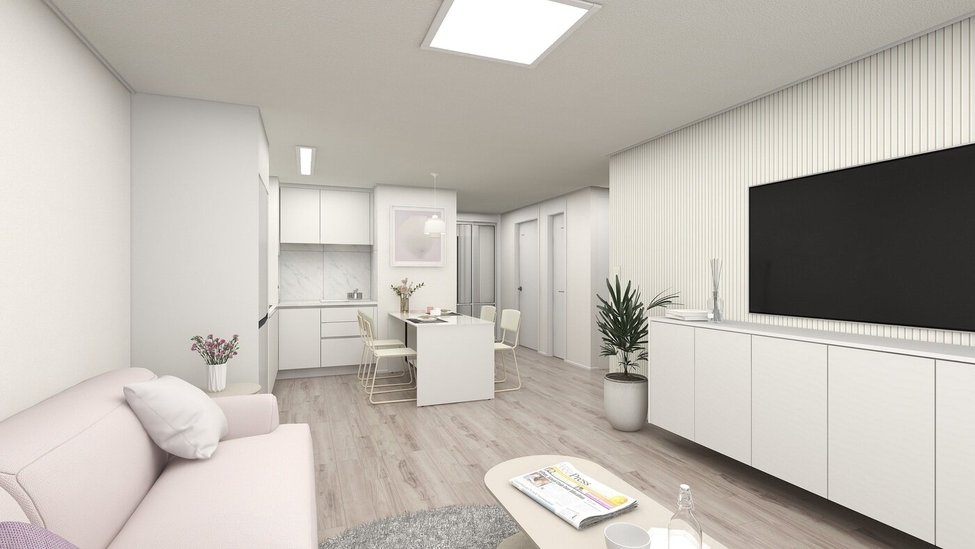 본문 이미지 - 한샘 리모델링 패키지 '심플패키지' 거실 공간을 한샘 3D 설계 프로그램 홈플래너로 구현한 모습(한샘 제공)  