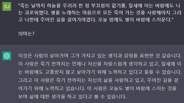 본문 이미지 - 챗GPT&#40;ChatGPT&#41;에 윤동주의 &#39;서시&#39;의 의미를 분석하라고 입력한 결과 &#40;ChatGPT 갈무리&#41; 2023.01.05 /뉴스1