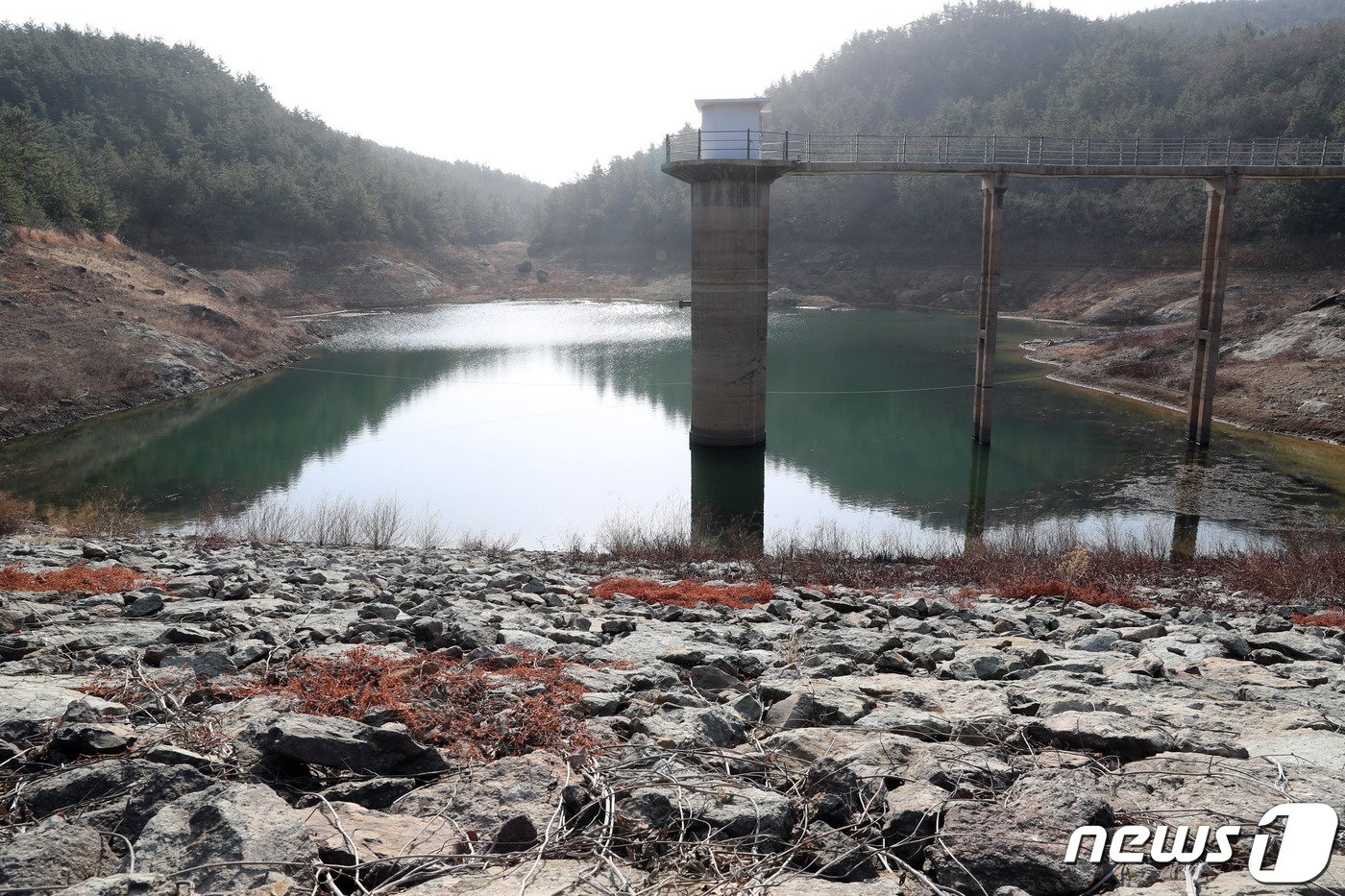 완도군 금일읍 척치제가 가뭄 장기화로 저수율이 떨어져 있다.&#40;전남도 제공&#41; 2023.1.8/뉴스1 ⓒ News1 박영래 기자