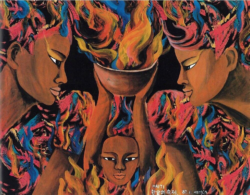 본문 이미지 - 정강자, Haiti, 환상의 축제, 1987, Acrylic on panel, 72 x 90 cm (아라리오갤러리 제공) 