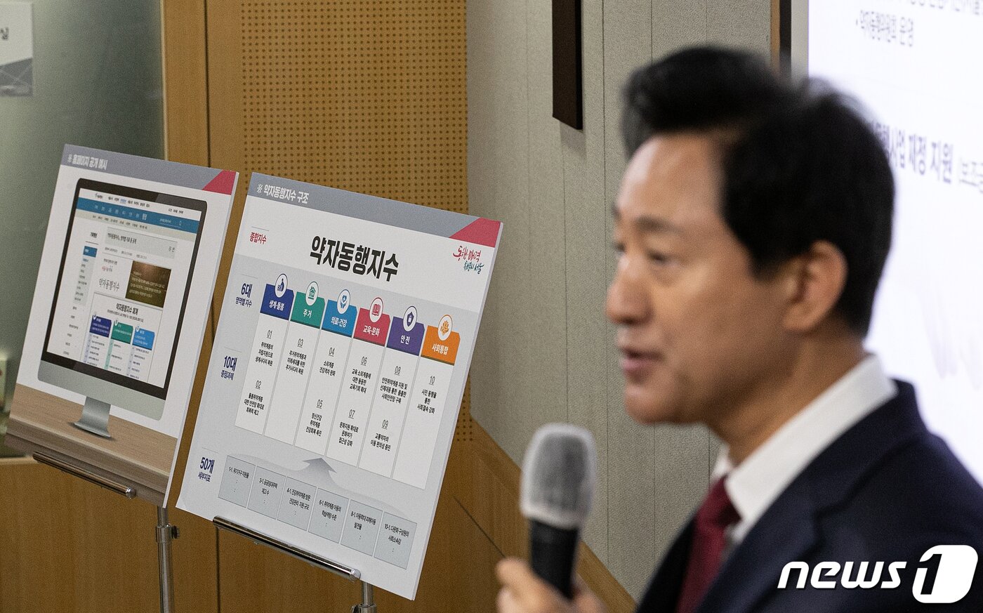 본문 이미지 - 오세훈 서울시장이 10일 오전 서울 중구 서울시청에서 '약자동행지수' 개발 관련 기자간담회에 참석해 설명을 하고 있다. 2023.10.10/뉴스1 ⓒ News1 이승배 기자