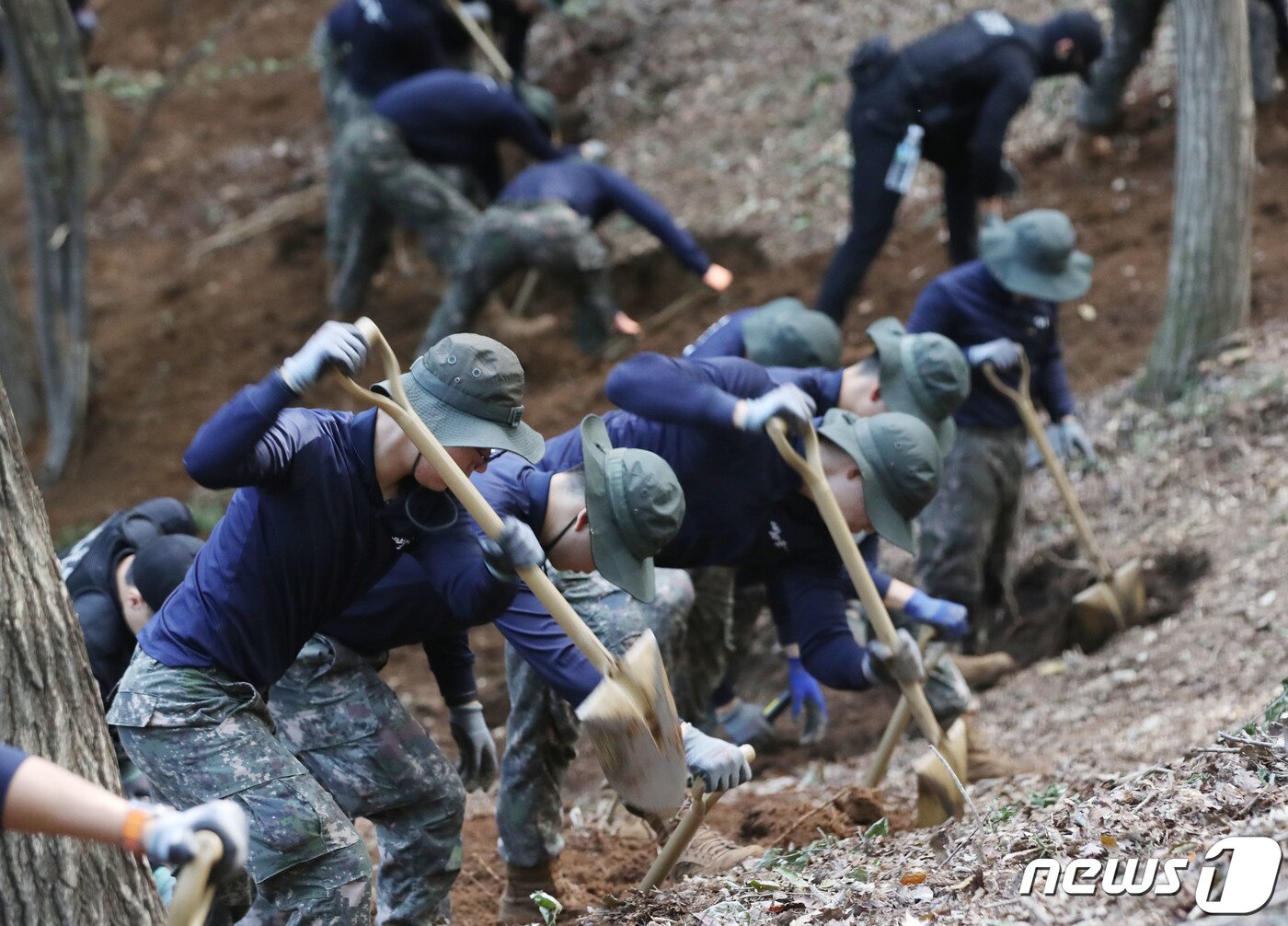 본문 이미지 - 11일 오전 경기 의왕시 모락산 일대에서 국방부 유해발국감식단과 육군 제51보병사단 장병들이 유해발굴을 하고 있다. 2023.10.11/뉴스1 ⓒ News1 김영운 기자