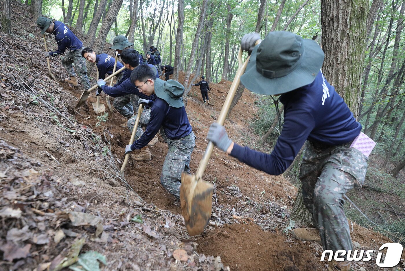 본문 이미지 - 11일 오전 경기 의왕시 모락산 일대에서 국방부 유해발국감식단과 육군 제51보병사단 장병들이 유해발굴을 하고 있다. 2023.10.11/뉴스1 ⓒ News1 김영운 기자