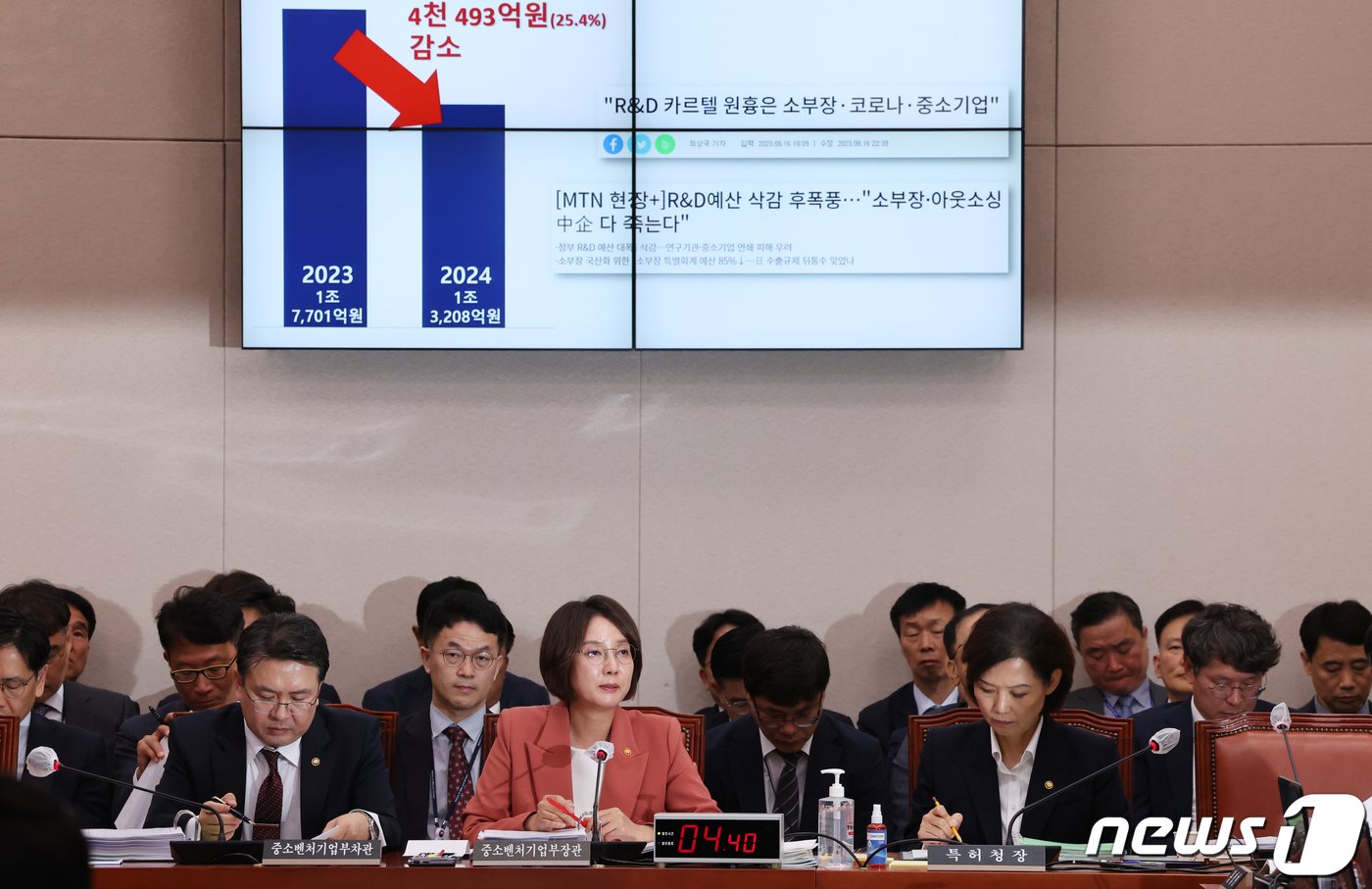 본문 이미지 - 이영 중소벤처기업부 장관이 12일 서울 여의도 국회에서 열린 산업통상자원위원회의 중기부 등에 대한 국정감사에서 장일영 더불어민주당 의원의 &#39;중소기업 R&D 예산&#39; 관련 질의를 경청하고 있다. 2023.10.12/뉴스1 ⓒ News1 황기선 기자