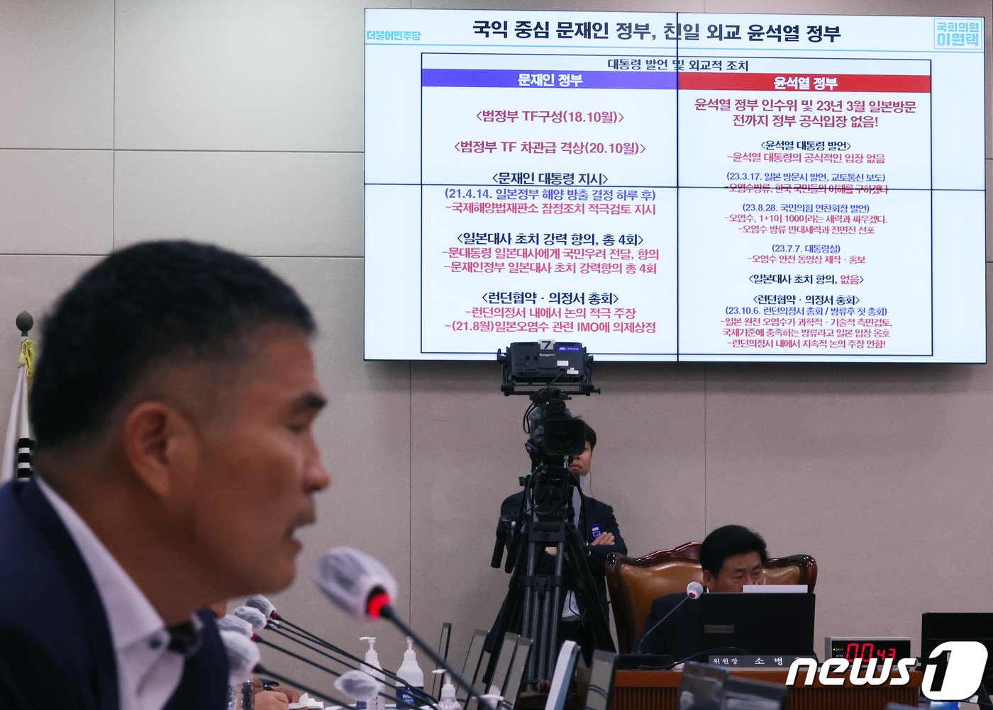 본문 이미지 - 이원택 더불어민주당 의원이 12일 서울 여의도 국회에서 열린 농림축산식품해양수산위원회 국정감사에서 모니터를 띄우고 질의를 하고 있다. 2023.10.12/뉴스1 ⓒ News1 송원영 기자