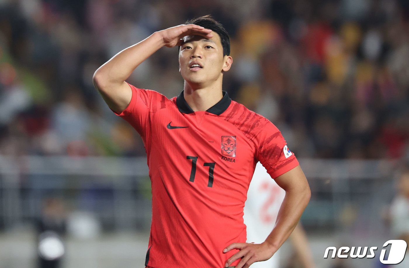 본문 이미지 - 17일 오후 경기 수원시 팔달구 수원월드컵경기장에서 열린 축구 국가대표 평가전 대한민국과 베트남의 경기, 황희찬이 득점 후 기뻐하고 있다. 2023.10.17/뉴스1 ⓒ News1 김도우 기자