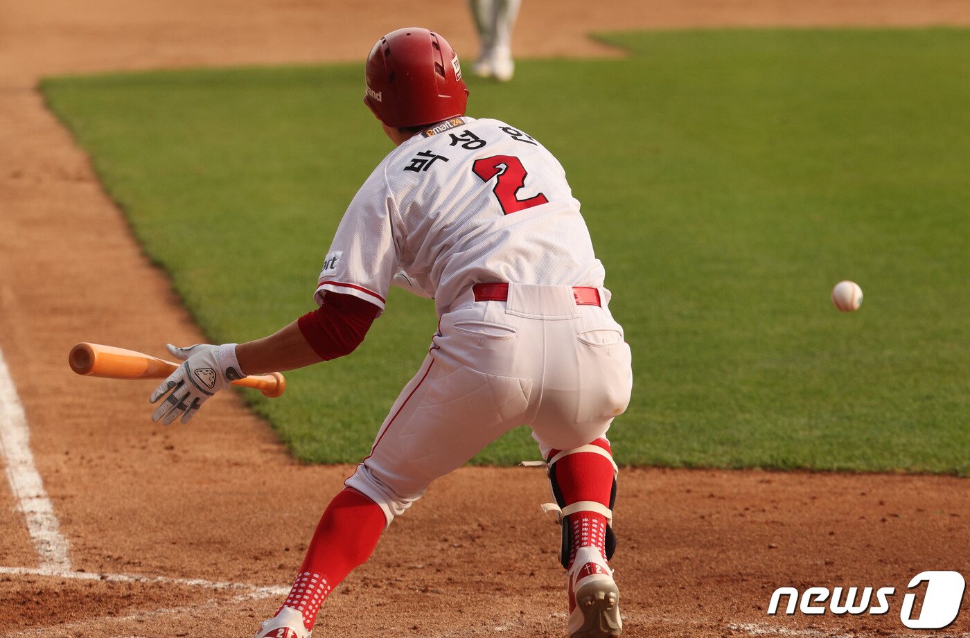 본문 이미지 - 22일 오후 인천 SSG랜더스필드에서 열린 프로야구 &#39;2023 신한은행 SOL KBO 포스트시즌&#39; 준플레이오프 1차전 SSG 랜더스와 NC 다이노스의 경기 8회말 무사 1,2루 상황에서 SSG 박성한이 희생번트를 성공하고 있다. 2023.10.22/뉴스1 ⓒ News1 장수영 기자
