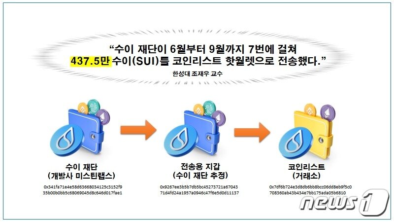 본문 이미지 - 민병덕 의원이 조재우 한성대 교수의 온체인 분석을 인용해 제기한 수이 재단의 코인 판매 의혹. 민병덕 의원실 제공.