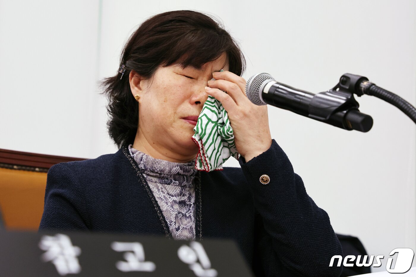 본문 이미지 - 거제도 앞바다에서 어선을 타다 실종된 김종안씨의 친누나 김종선씨가 지난 10월 25일 서울 여의도 국회에서 열린 농림축산식품해양수산위원회의 해양수산부 등에 대한 종합국정감사에 참고인으로 출석, 김승남 더불어민주당 의원의 &#39;어선원재해보험법 계정의 필요성&#39; 관련 질의에 답변하며 눈물을 흘리고 있다. 2023.10.25/뉴스1 ⓒ News1 황기선 기자