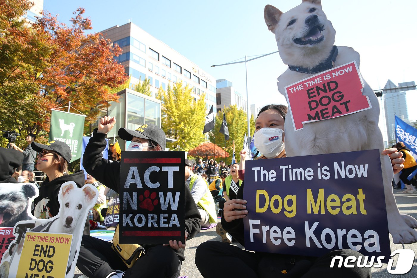 29일 오후 서울 여의도 국회 앞에서 열린 개식용금지법 제정 촉구 집회에서 참석자들이 개식용 반대 피켓을 들고 구호를 외치고 있다. 2023.10.29/뉴스1 ⓒ News1 임세영 기자