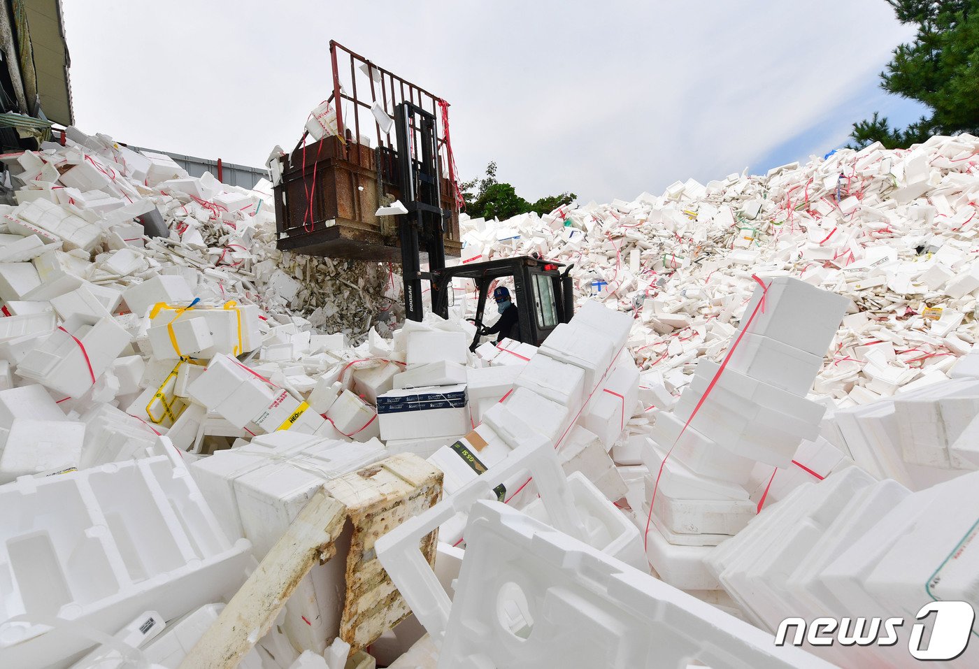 본문 이미지 - 추석 연휴가 끝난 4일 오전 경기 수원시 영통구 수원시자원순환센터에 추석 연휴동안 수거된 스티로폼 상자들이 쌓여있다. (공동취재) 2023.10.4/뉴스1 ⓒ News1 김영운 기자