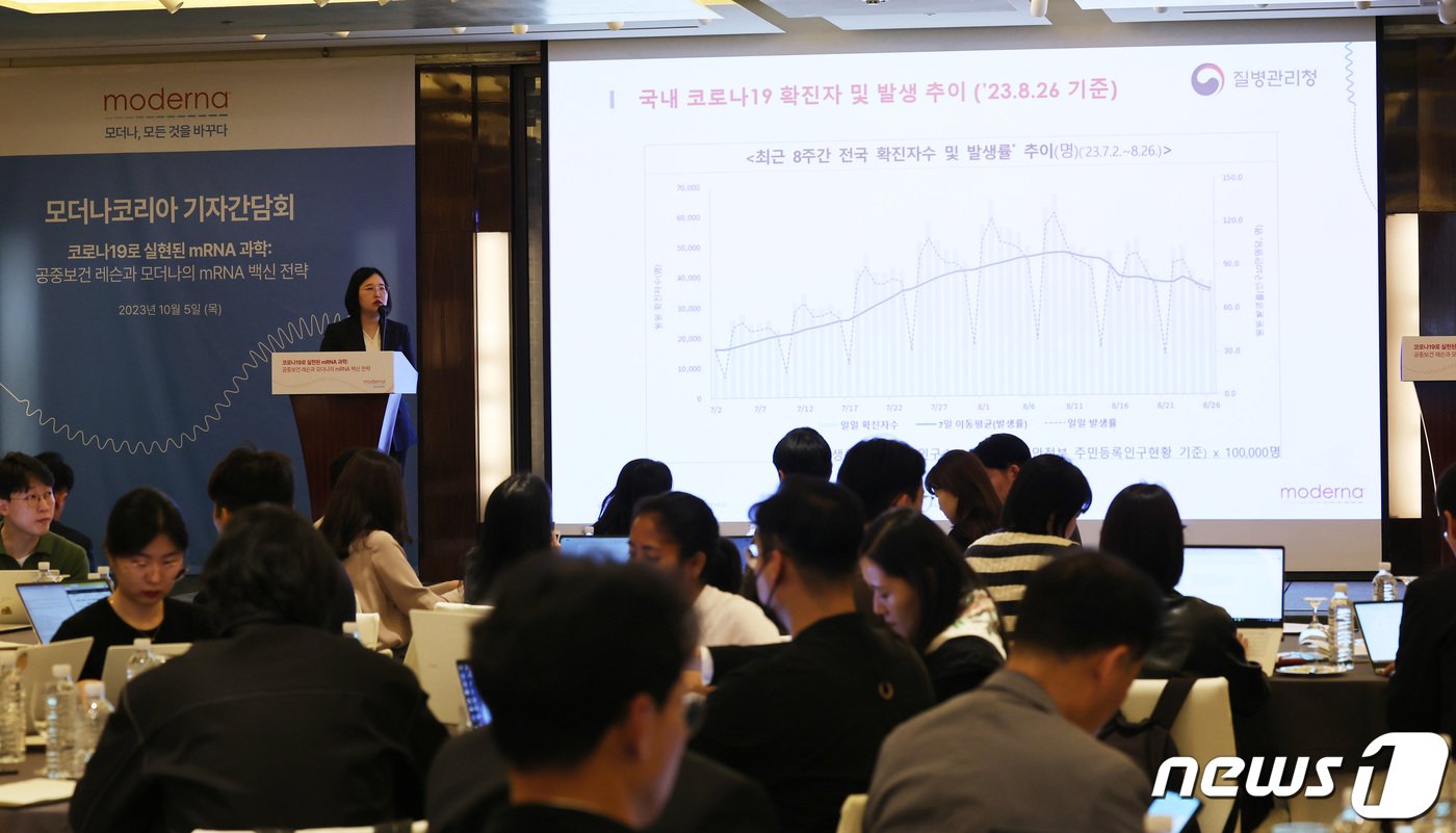 본문 이미지 - 노지윤 고려대학교 구로병원 감염내과 교수가 5일 서울 중구 웨스틴조선호텔에서 열린 모더나코리아 기자간담회에서 코로나19 팬데믹 속 환자 치료 경험과 향후 백신 접종 방향성에 대해 발표하고 있다. 2023.10.5/뉴스1 ⓒ News1 박지혜 기자